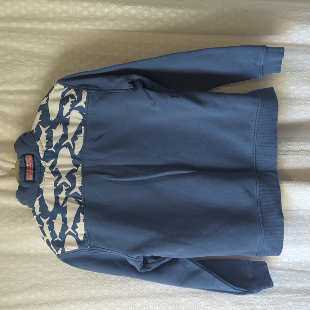 Vineyard Vines Blue and White Pullover Quarter Zip Shark Print Youth M - Picture 4 of 5